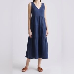 QUINCE • NWT • 100% Organic Cotton Gauze Tiered Maxi Dress • Navy • Size L •